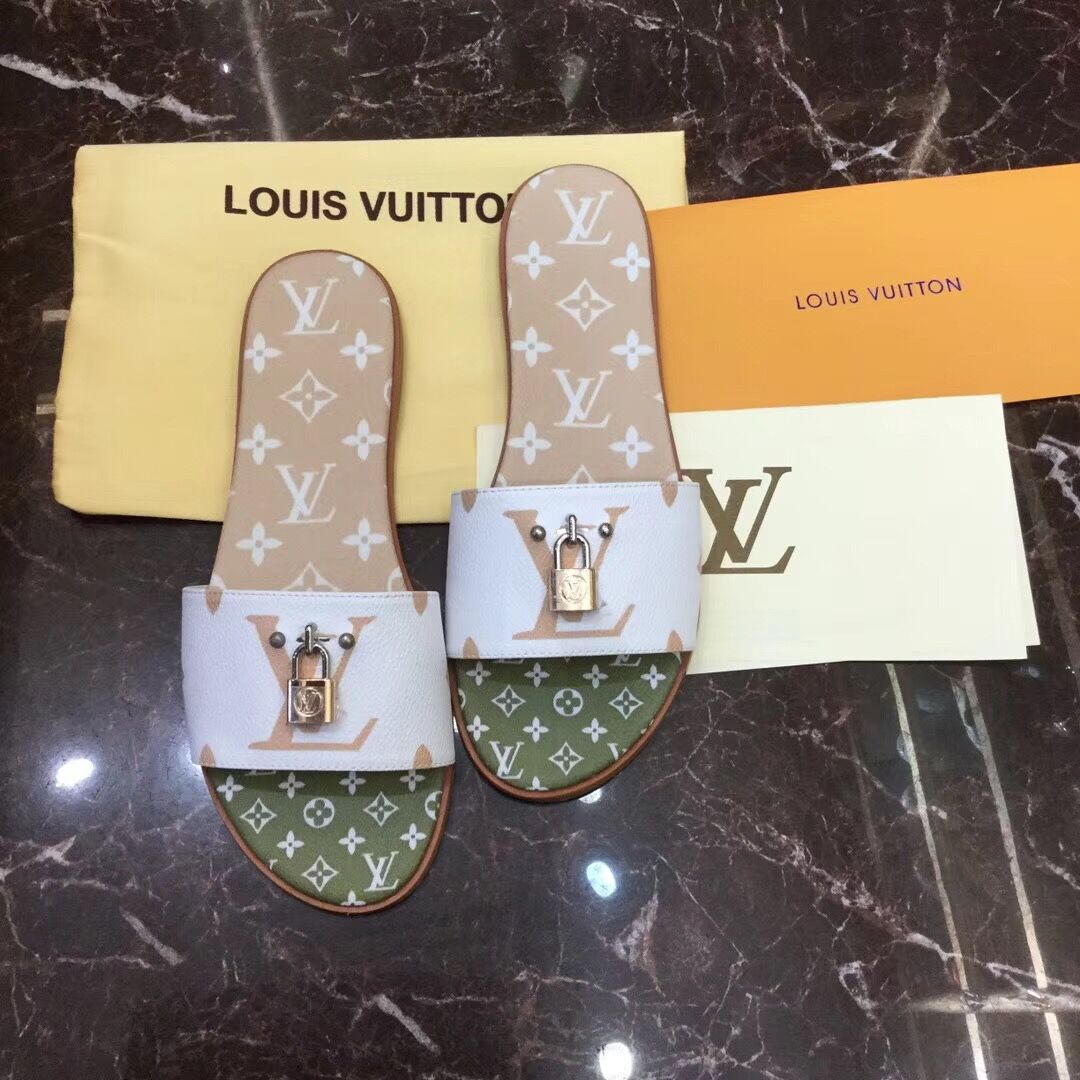 Louis Vuitton Lock It Flat Mule In White/ Moka Brown - everydesigner