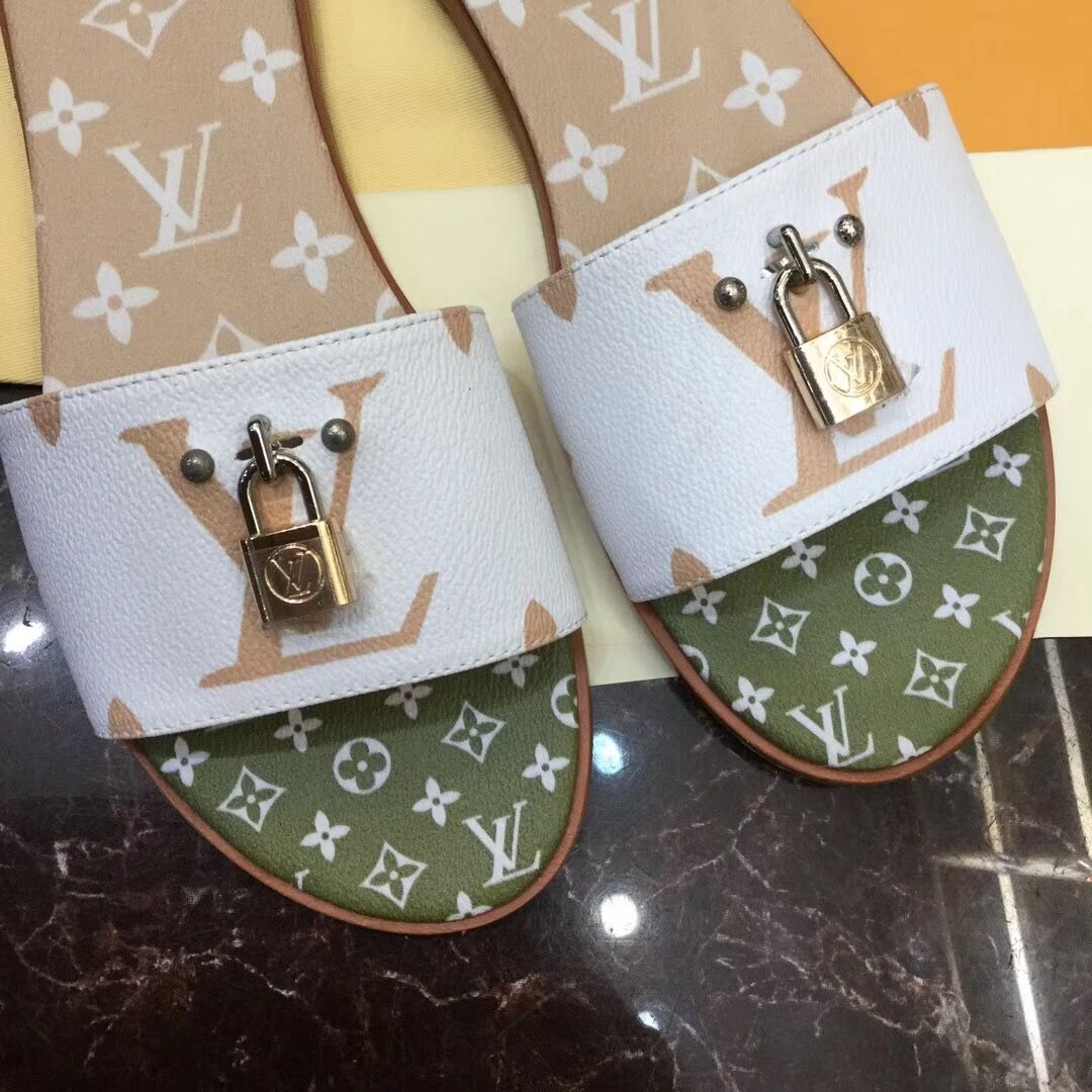 Louis Vuitton Lock It Flat Mule In White/ Moka Brown - everydesigner