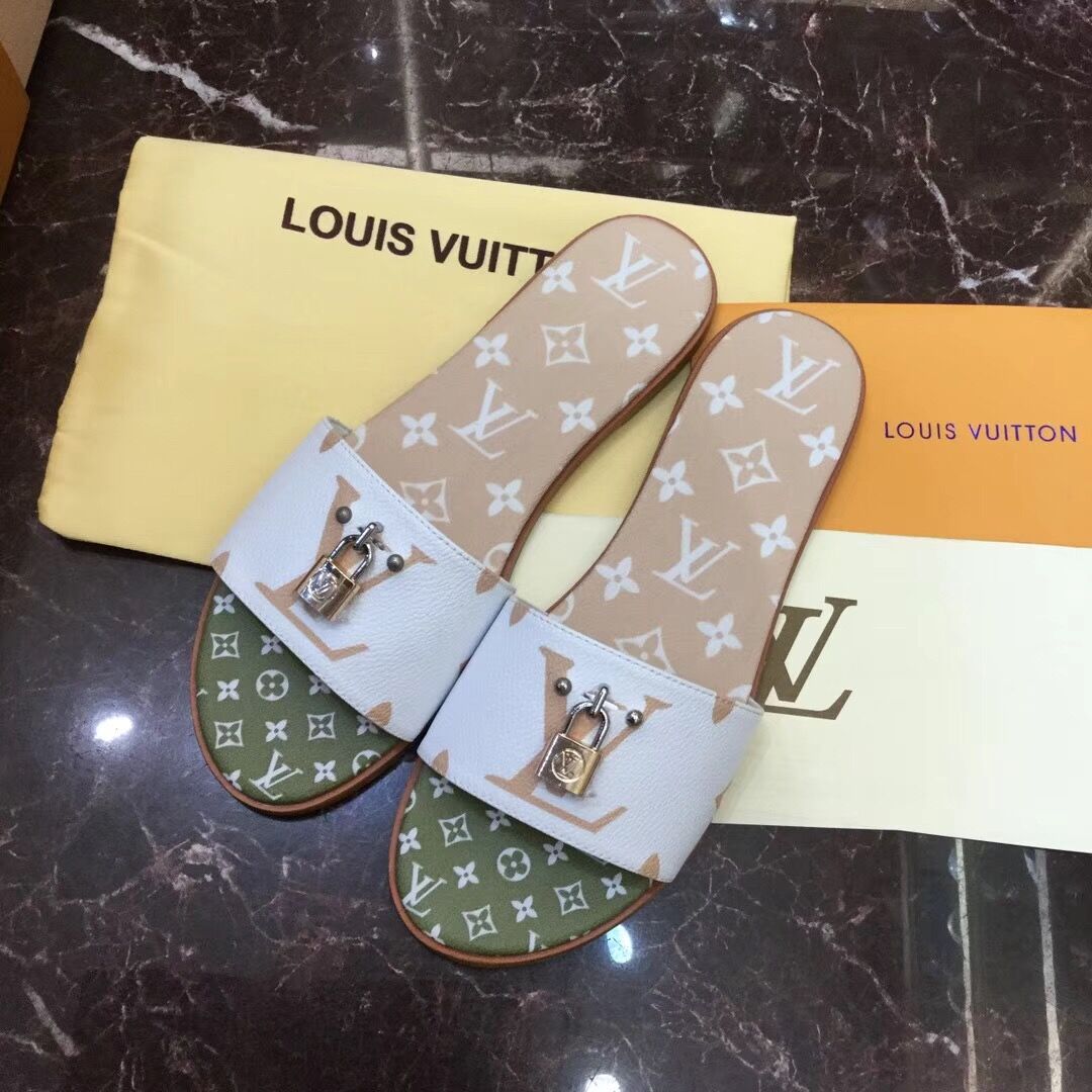 Louis Vuitton Lock It Flat Mule In White/ Moka Brown - everydesigner