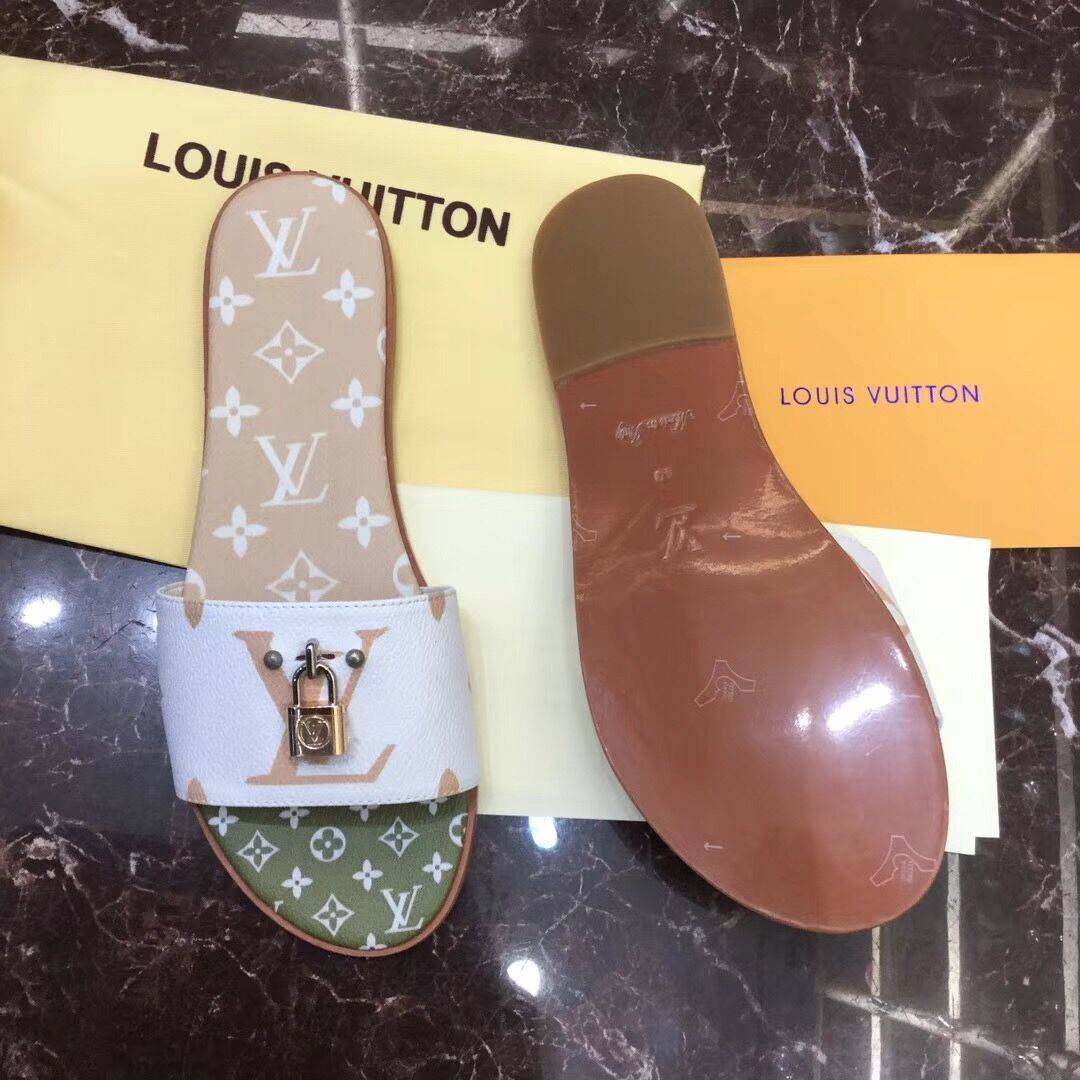 Louis Vuitton Lock It Flat Mule In White/ Moka Brown - everydesigner