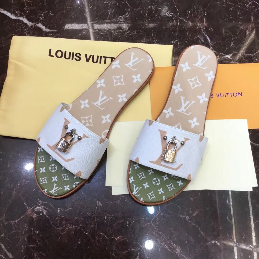 Louis Vuitton Lock It Flat Mule In White/ Moka Brown - everydesigner