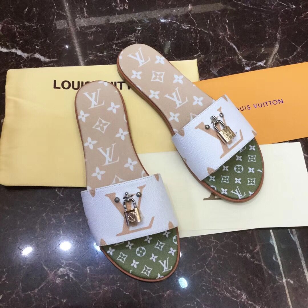 Louis Vuitton Lock It Flat Mule In White/ Moka Brown - everydesigner