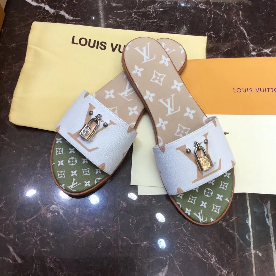 Louis Vuitton Lock It Flat Mule In White/ Moka Brown - everydesigner