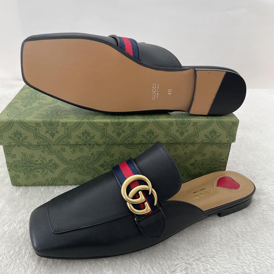 Gucci Princetown Leather Black Slipper With Double G - everydesigner