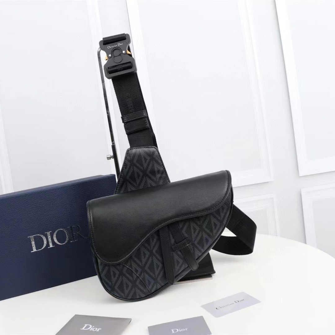 Dior Black CD Diamond Canvas And Smooth Calfskin Saddle Bag(26-19-4.5cm) - everydesigner