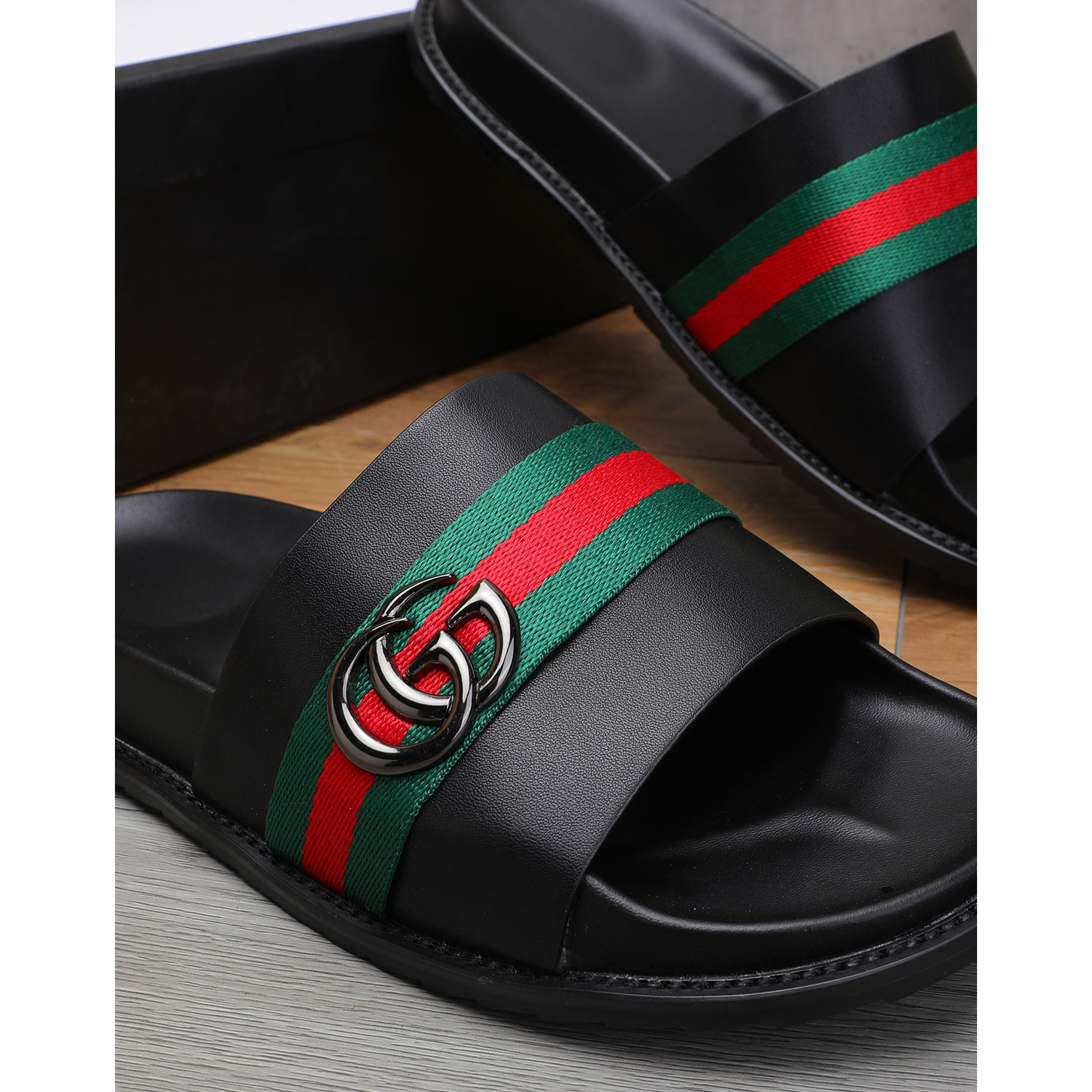 Gucci Double G Logo Black Slide Sandals - everydesigner