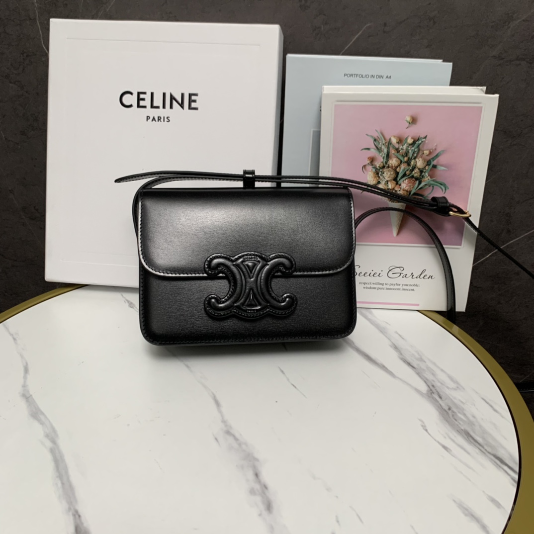 Celine Teen Bag Cuir Triomphe In Shiny Calfskin Black(18.5-14-8cm) - everydesigner