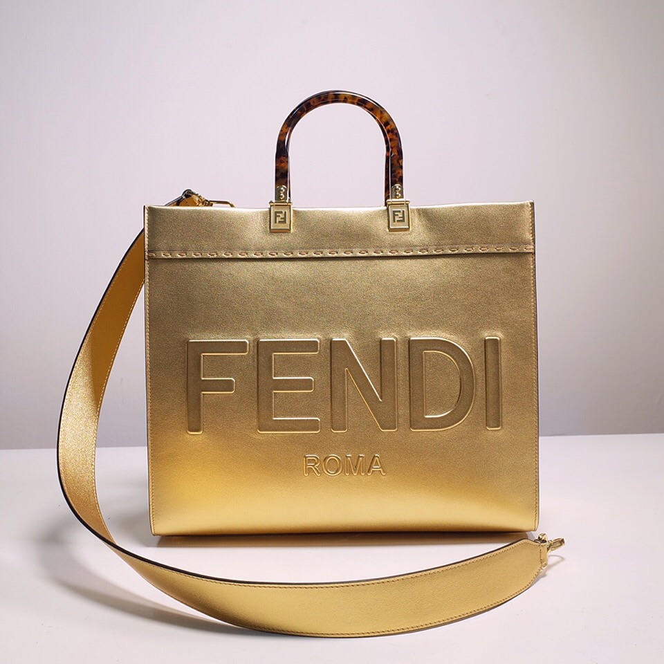 Fendi Sunshine Medium Shopper Bag In Gold Laminated Leather (35-31-17cm)  8BH386 - everydesigner