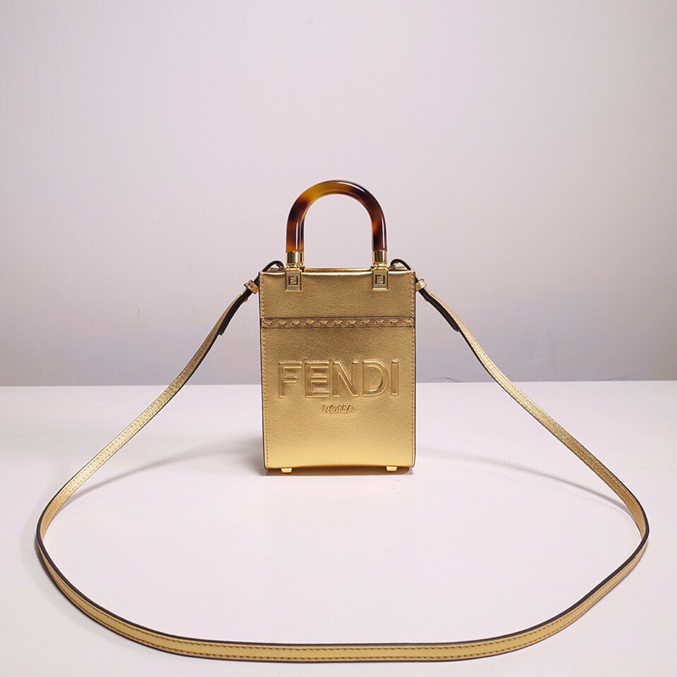 Fendi Mini Sunshine Shopper Bag In Gold Laminated Leather (13-18-6.5CM) - everydesigner