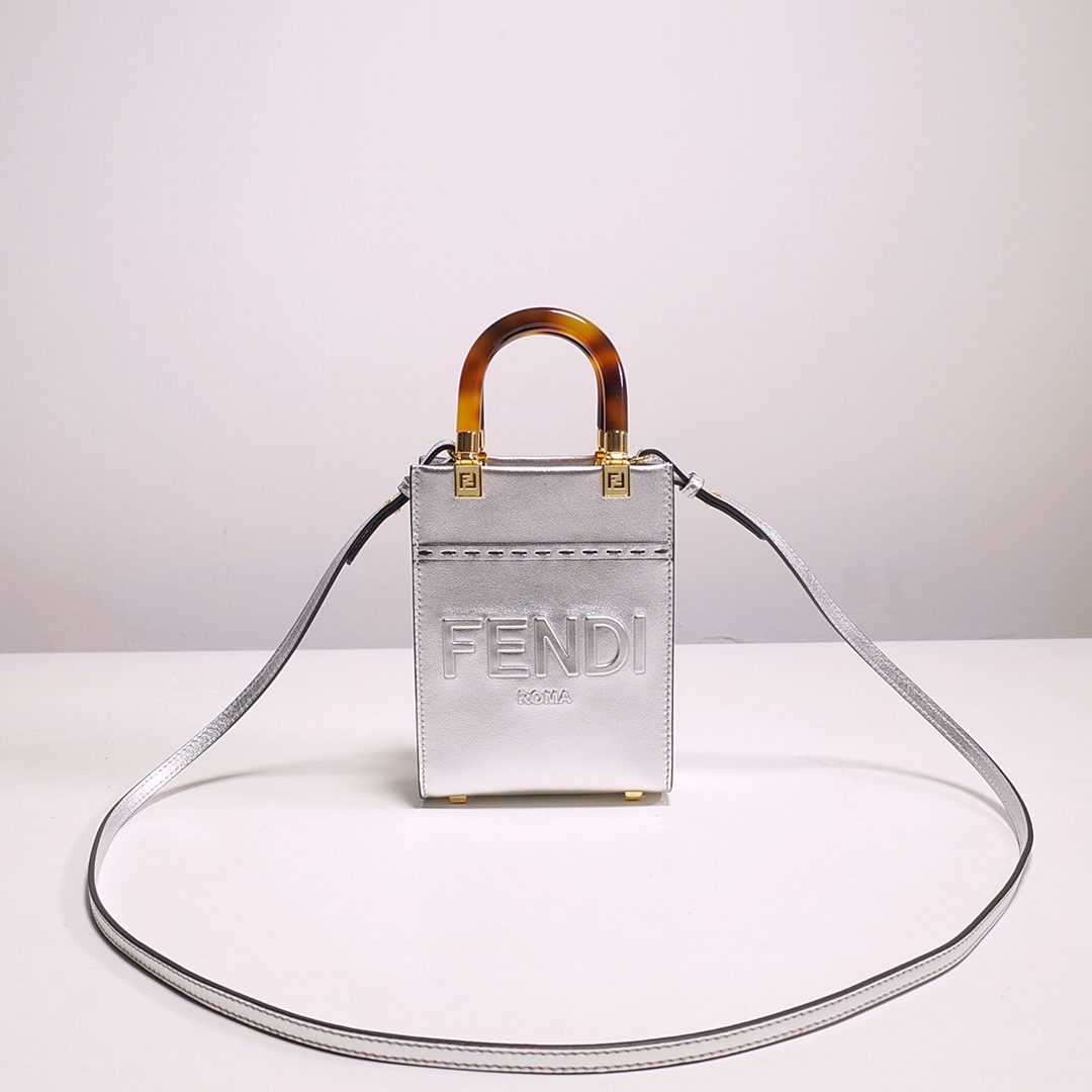 Fendi Mini Sunshine Shopper Bag In Silver Laminated Leather (13-18-6.5CM) - everydesigner