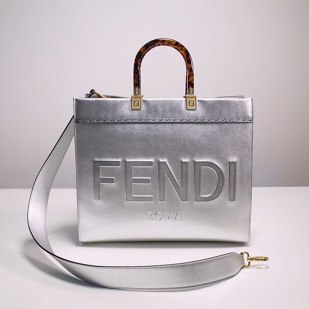 Fendi Sunshine Medium Shopper Bag In Silver Laminated Leather (35-31-17cm)  8BH386 - everydesigner