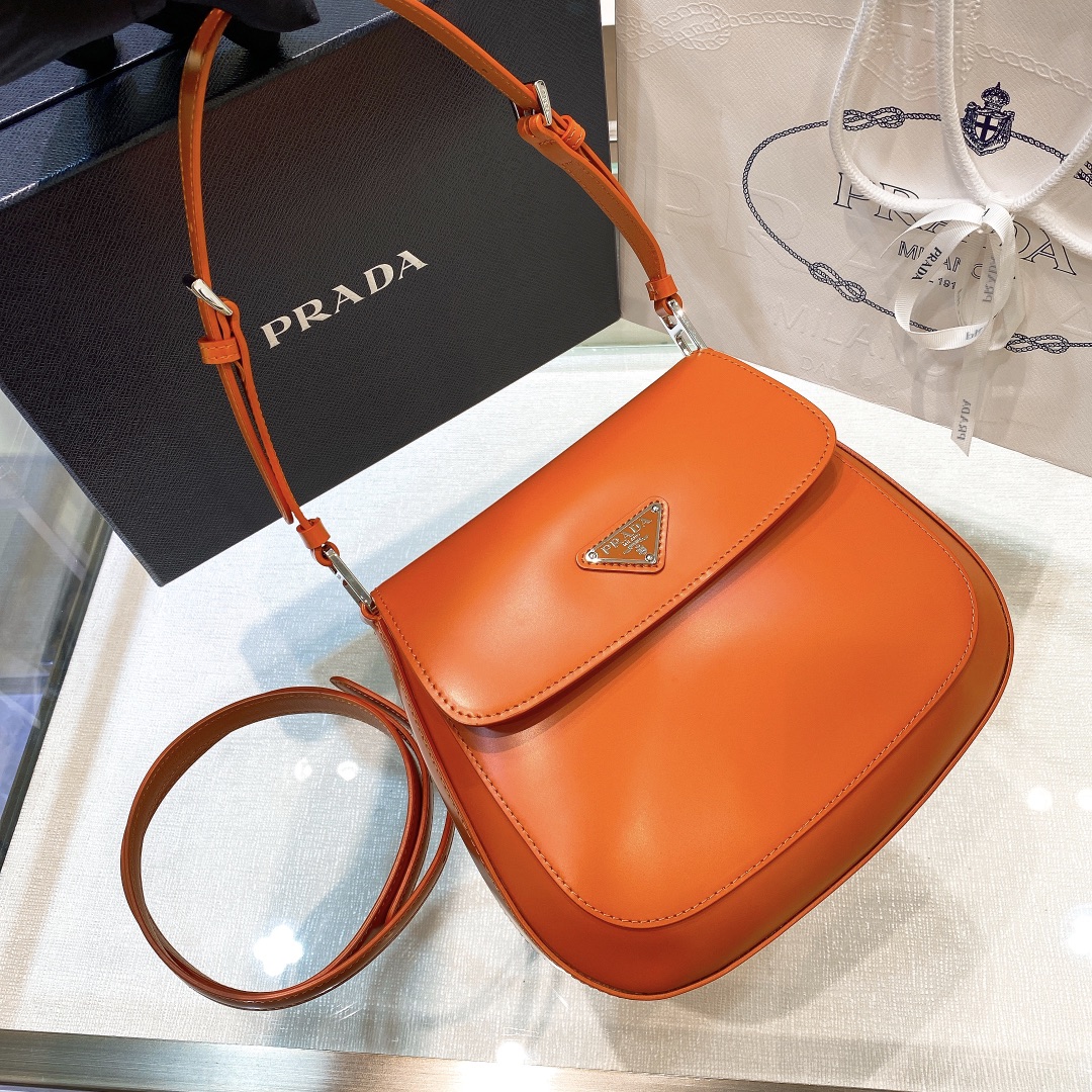 Prada Cleo Brushed Leather Shoulder Bag In Orange(24-19-6cm)   1BD303 - everydesigner