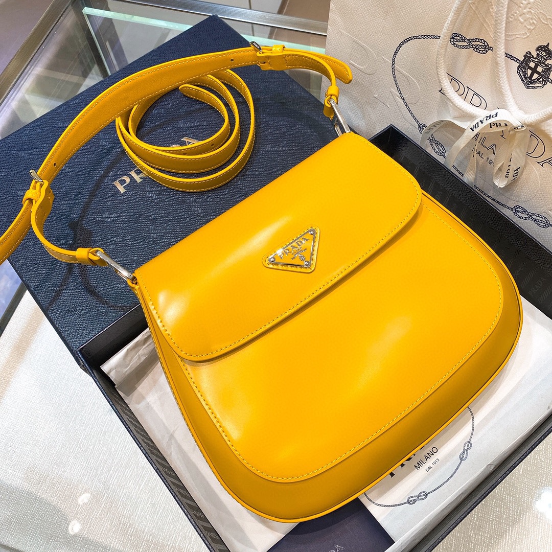 Prada Cleo Brushed Leather Shoulder Bag In Yellow(24-19-6cm)   1BD303 - everydesigner