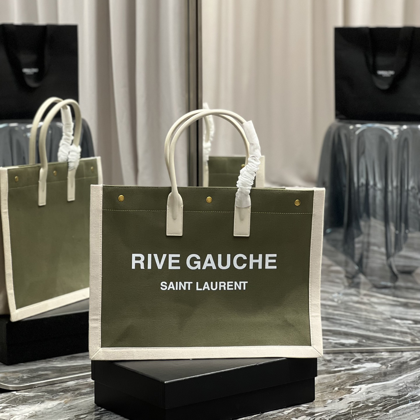 Saint Laurent Rive Gquche Tote Bag In Linen And Smooth Leather(48-36-16cm) - everydesigner