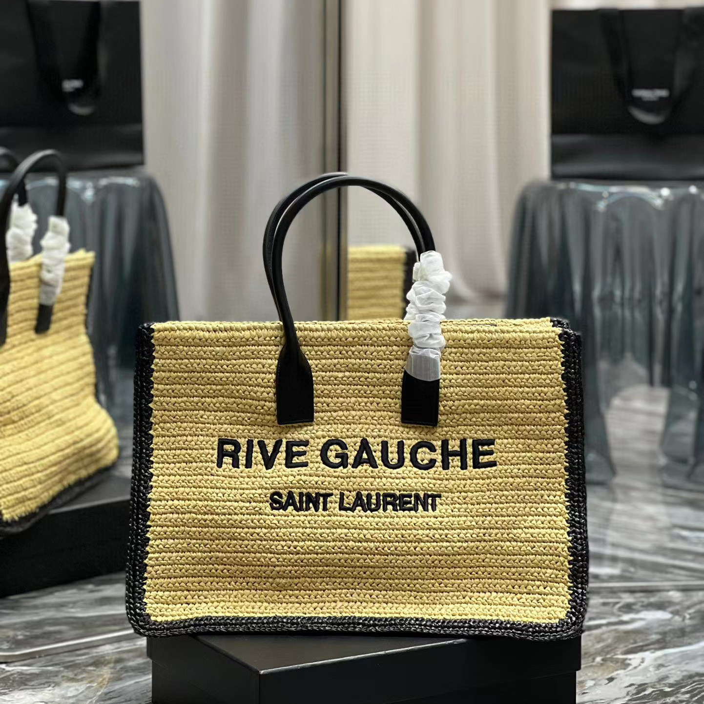 Saint Laurent Rive Gauche Tote Bag In Raffia And Leather(48-36-16cm) - everydesigner