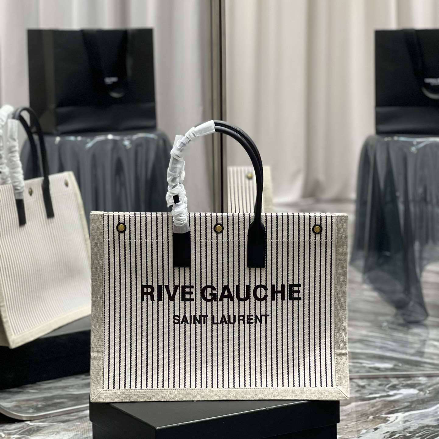 Saint Laurent Rive Gquche Tote Bag In Linen And Smooth Leather(48-36-16cm) - everydesigner