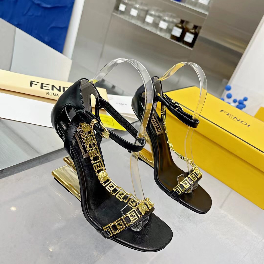 Fendi Fendi First Fendace Black Leather High-Heeled Sandals - everydesigner