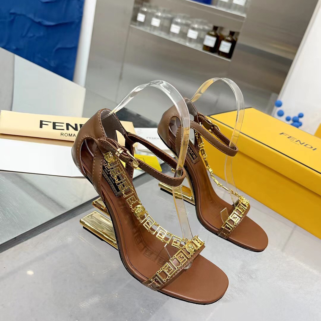 Fendi Fendi First Fendace Brown Leather High-Heeled Sandals - everydesigner