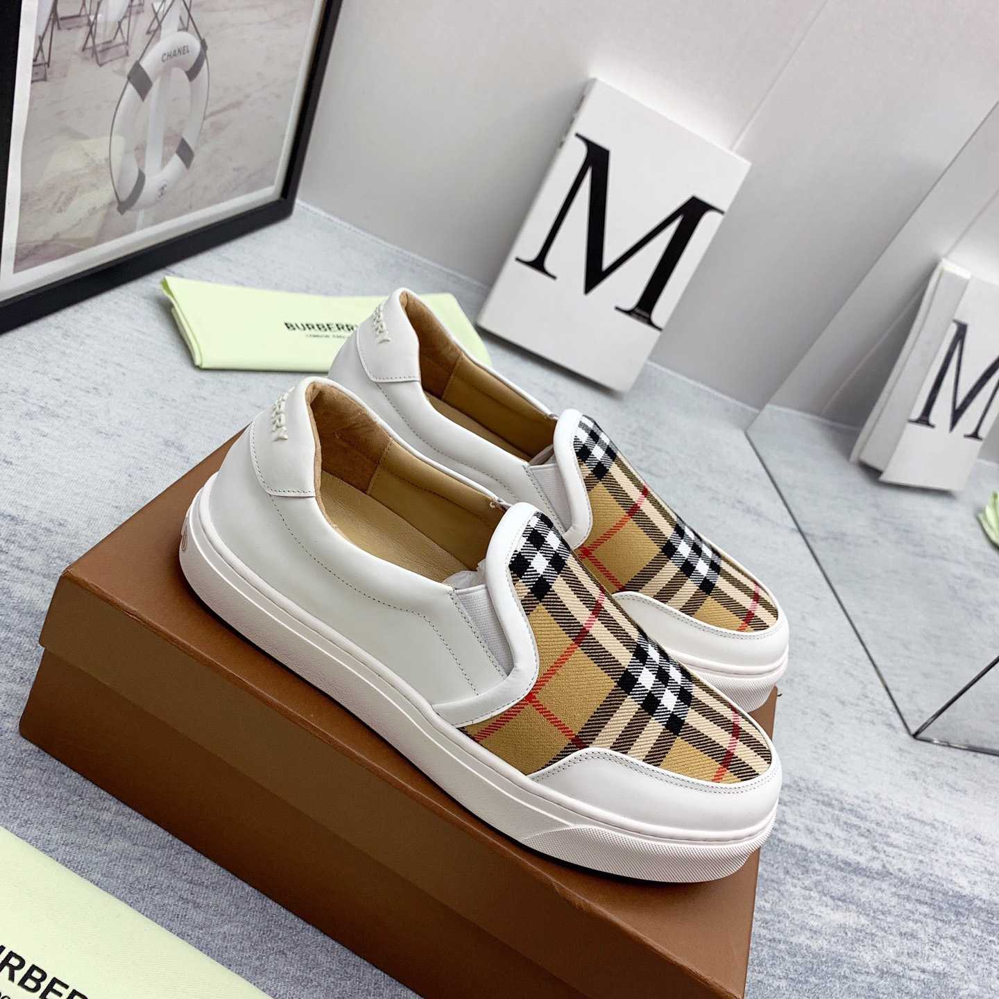 Burberry Leather And Vintage Check Slip-On Sneakers - everydesigner