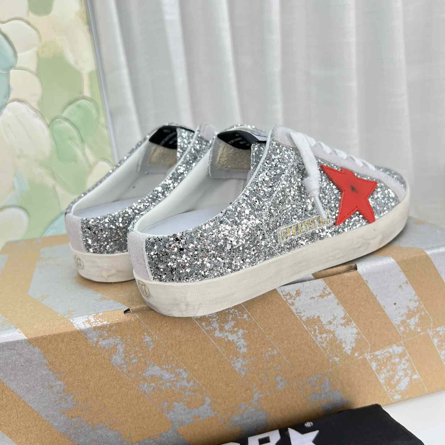 Golden Goose Super-Star Sabots In Silver Glitter With Red Leather Star - everydesigner