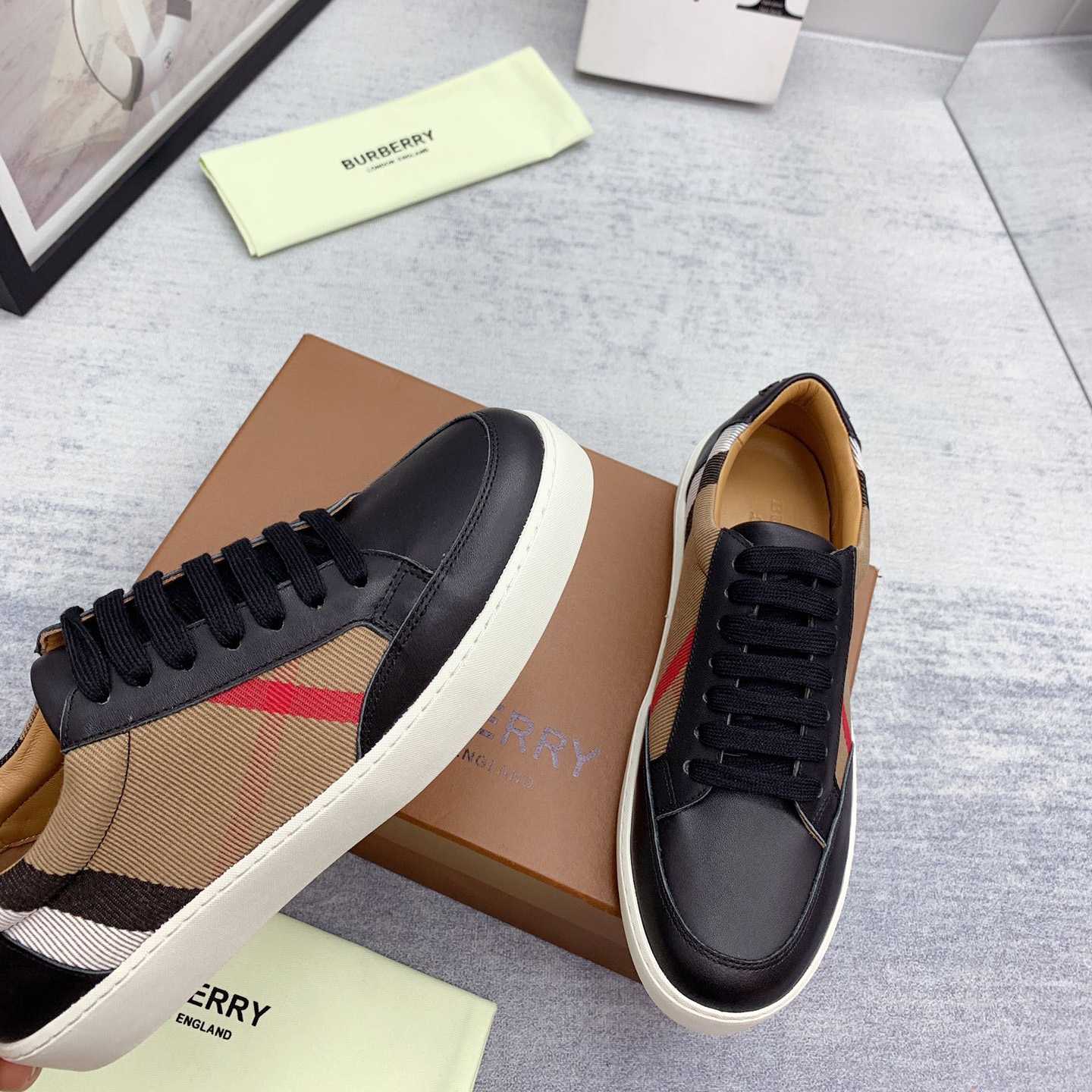 Burberry House Check Cotton And Leather Sneakers - everydesigner