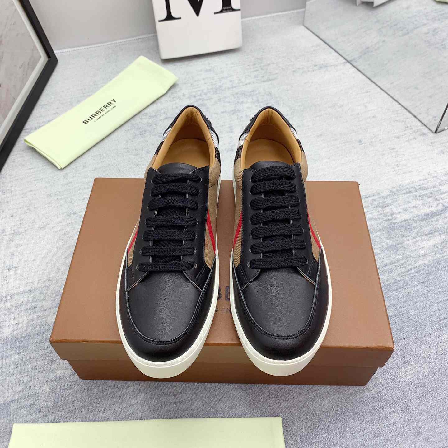 Burberry House Check Cotton And Leather Sneakers - everydesigner