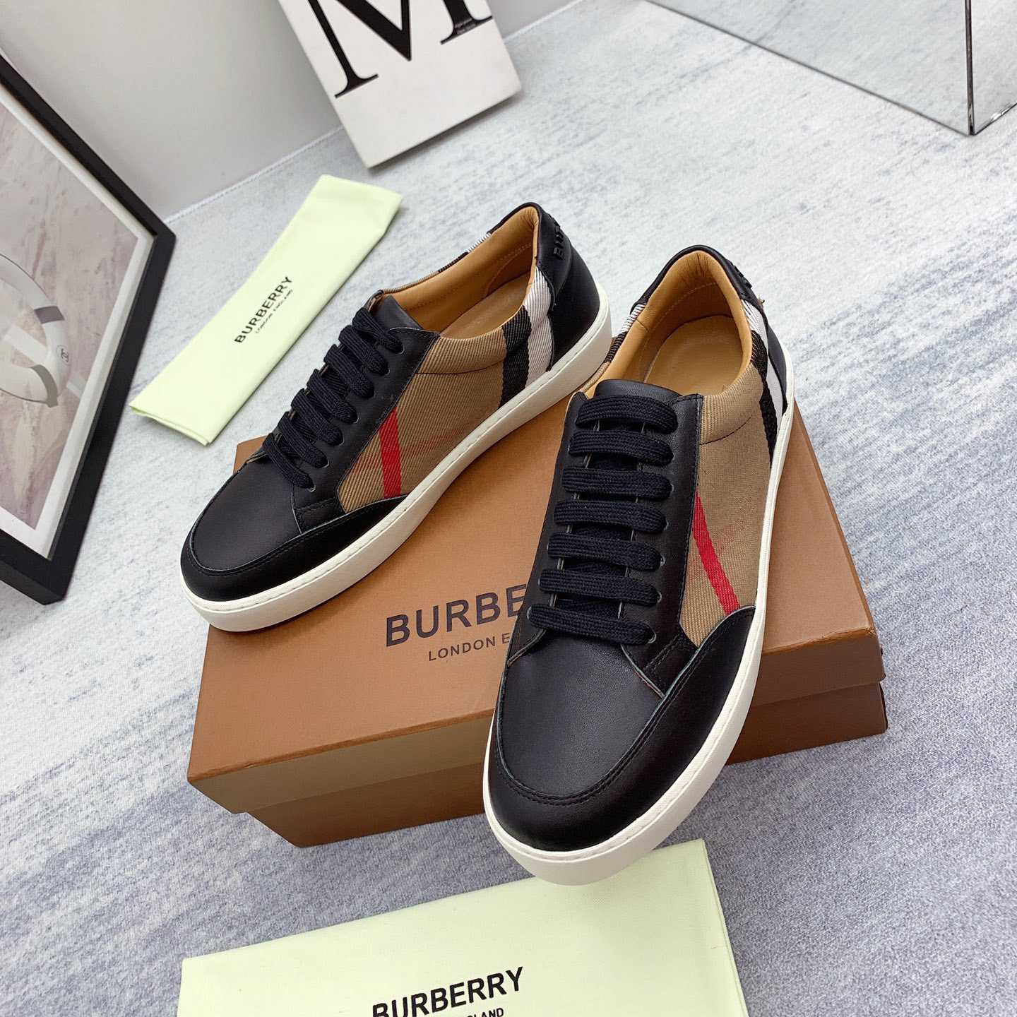 Burberry House Check Cotton And Leather Sneakers - everydesigner