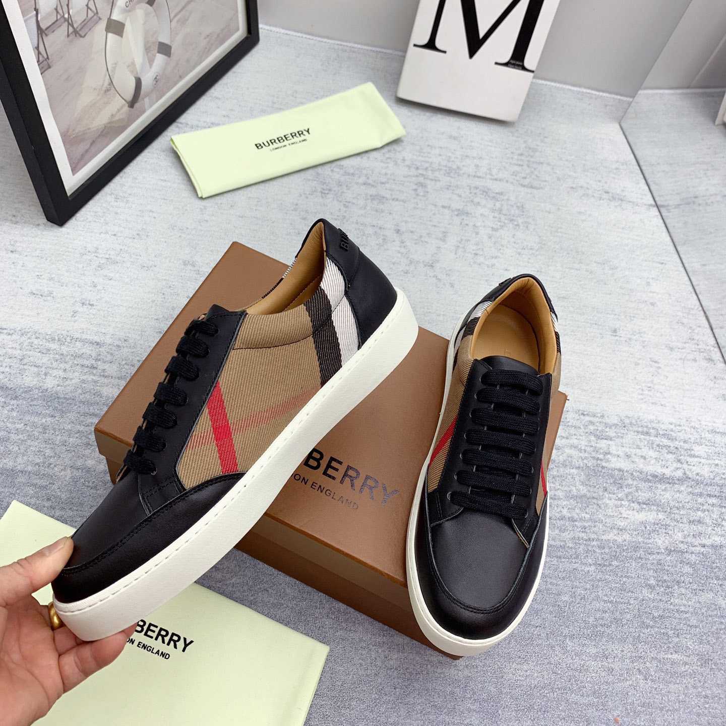 Burberry House Check Cotton And Leather Sneakers - everydesigner