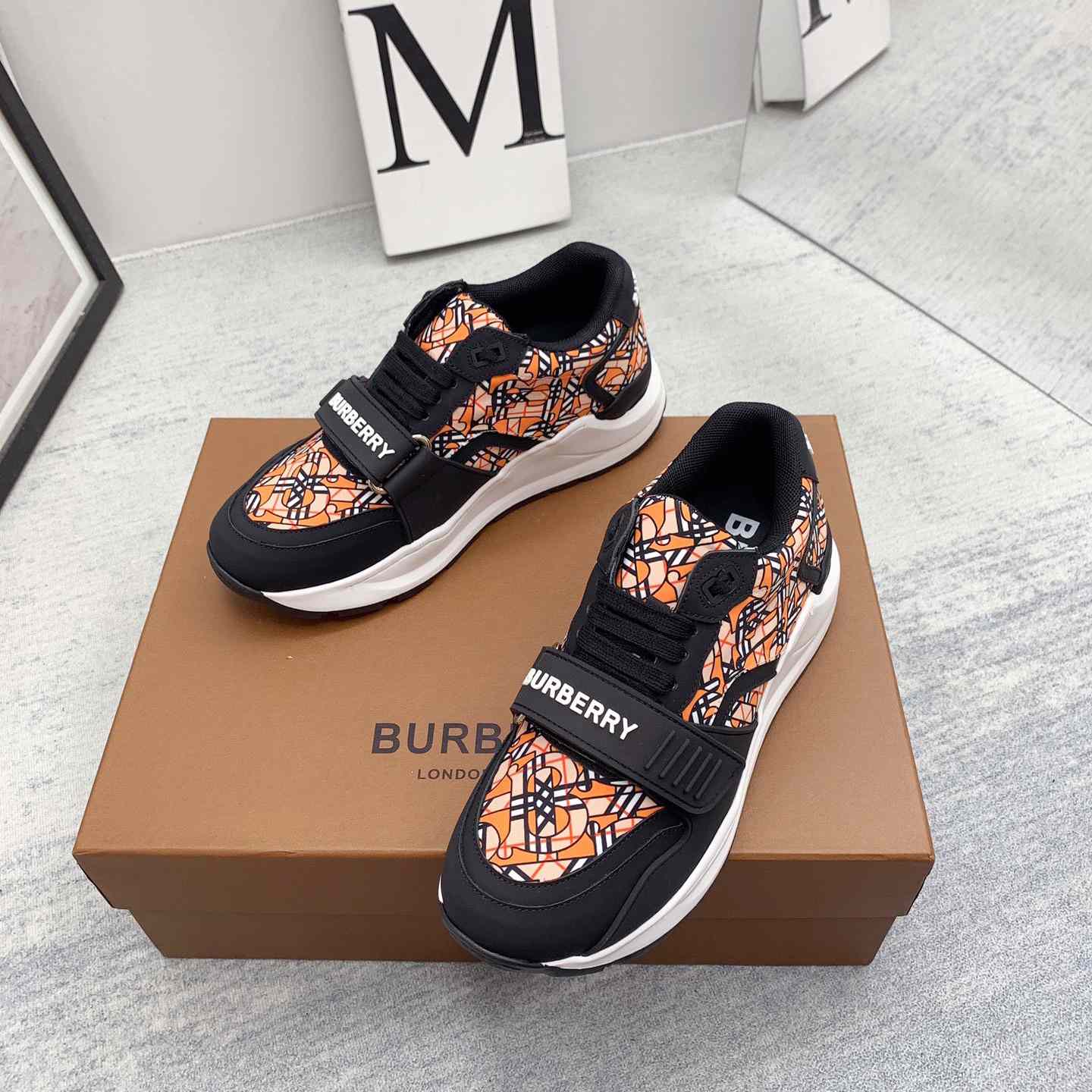 Burberry Monogram Print Linen Nylon And Leather Sneakers - everydesigner