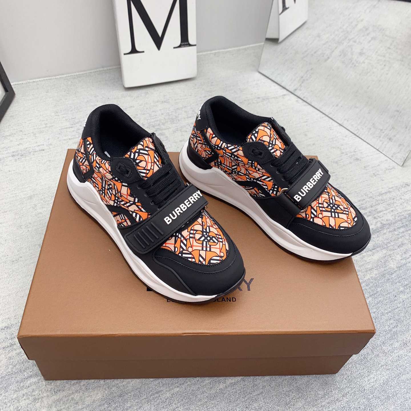 Burberry Monogram Print Linen Nylon And Leather Sneakers - everydesigner