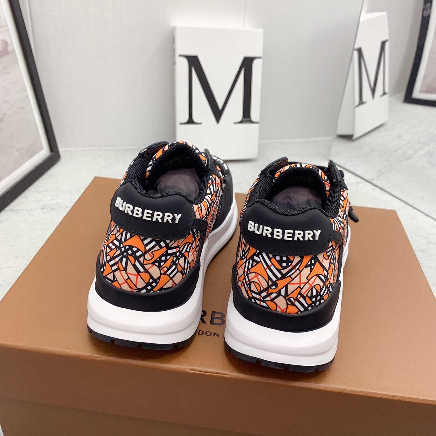 Burberry Monogram Print Linen Nylon And Leather Sneakers - everydesigner