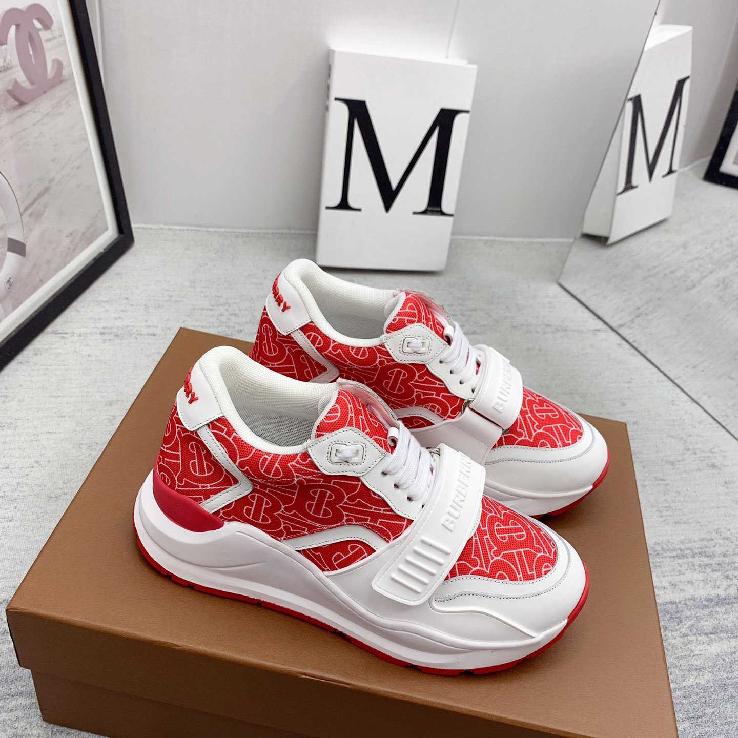 Burberry Monogram Print Nylon And Leather Sneakers - everydesigner