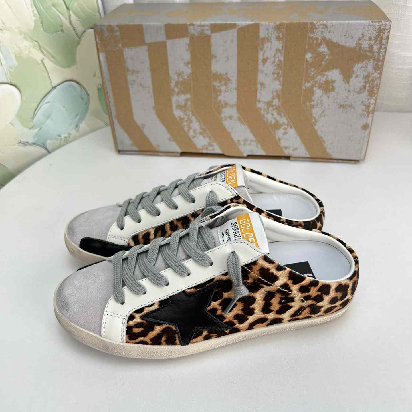 Golden Goose Super-Star Sabots In Leopard-Print Pony Skin With Black Leather Star And Ice-Gray Suede Tongue - everydesigner