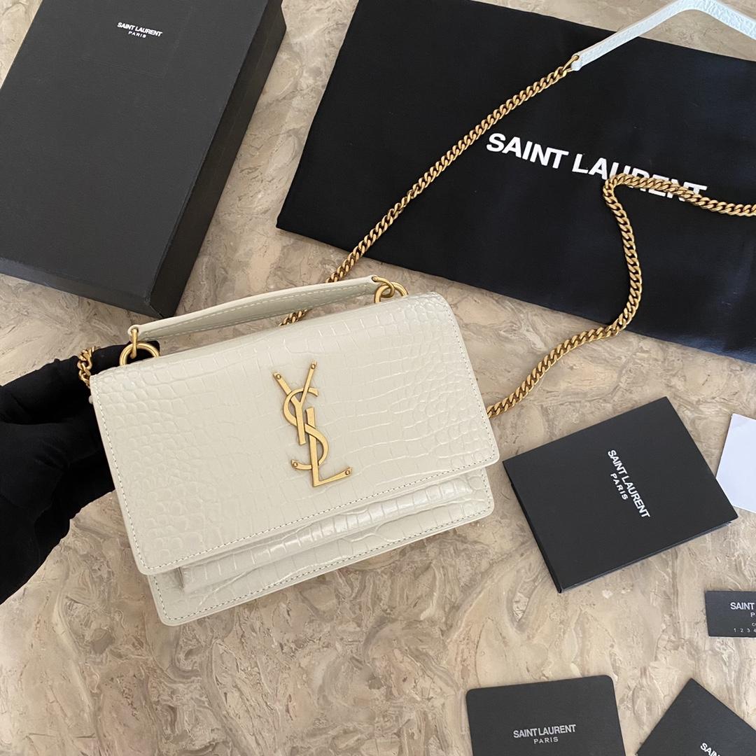 Saint Laurent Sunset Chain Wallet In Crocodile-Embossed Shiny Leather - everydesigner