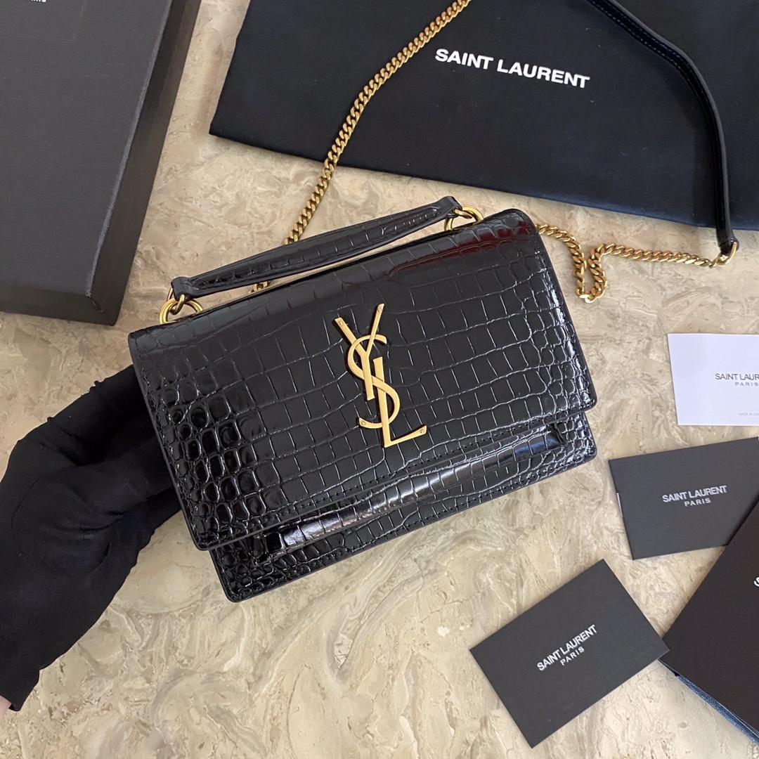 Saint Laurent Sunset Chain Wallet In Crocodile-Embossed Shiny Leather - everydesigner