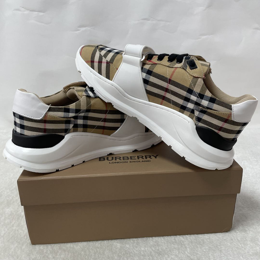 Burberry Check Cotton And Leather Sneakers - everydesigner