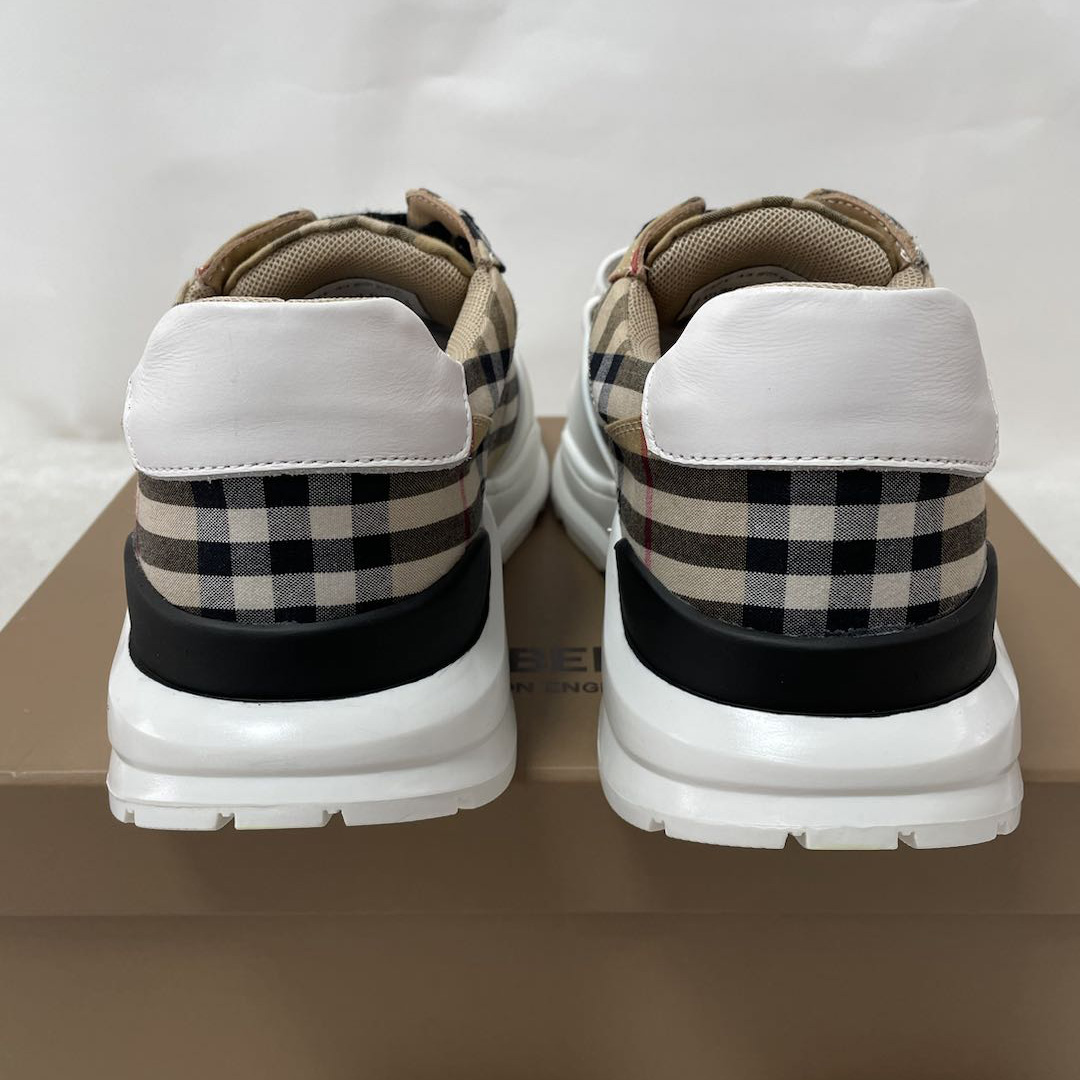 Burberry Check Cotton And Leather Sneakers - everydesigner