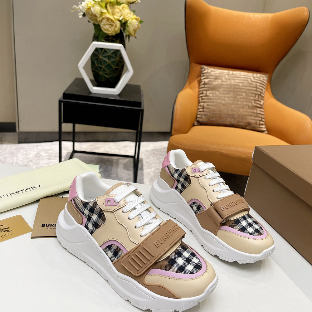 Burberry Check Cotton And Leather Sneakers - everydesigner