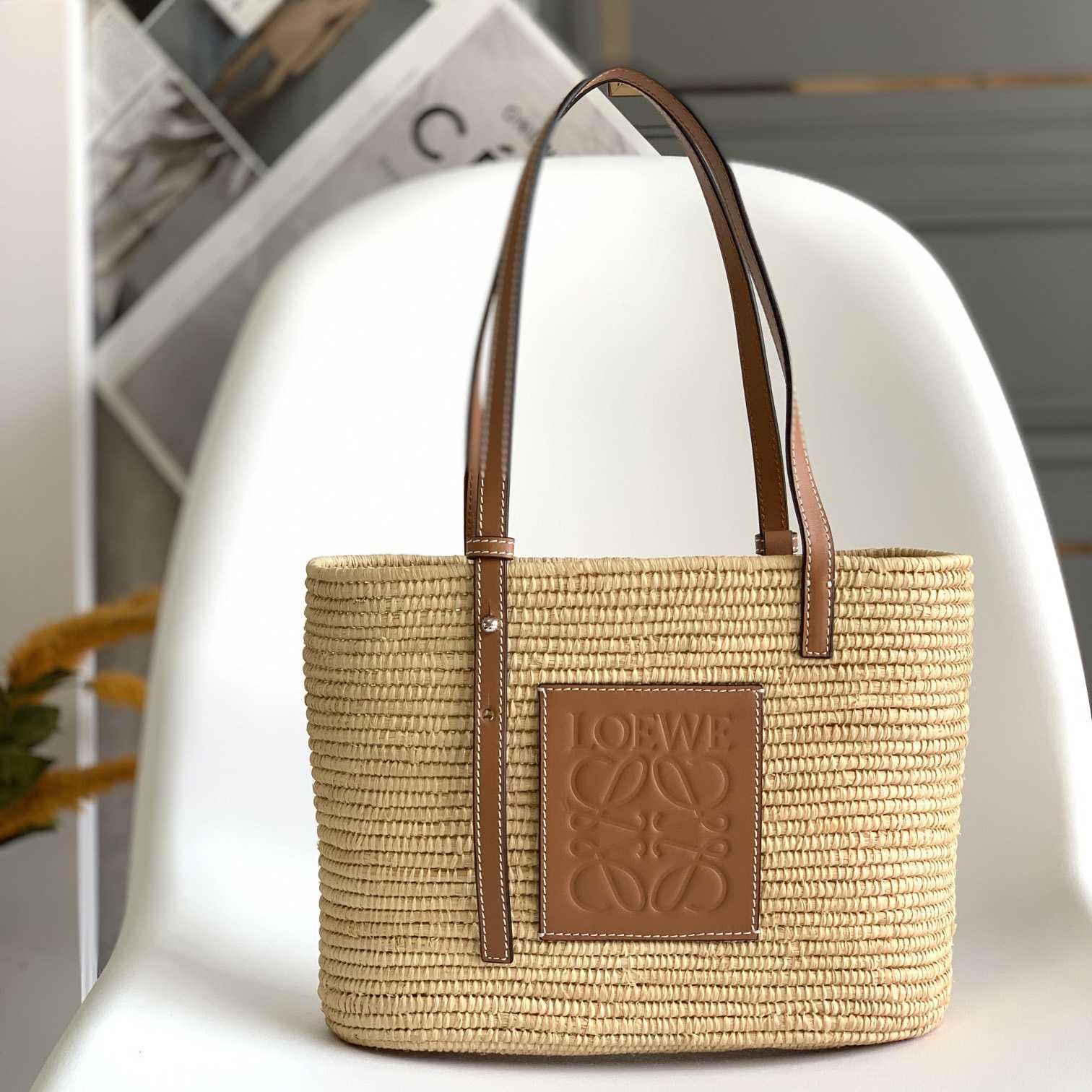 Loewe Small Square Basket bag In Raffia And Calfskin (30*21*11cm) - everydesigner