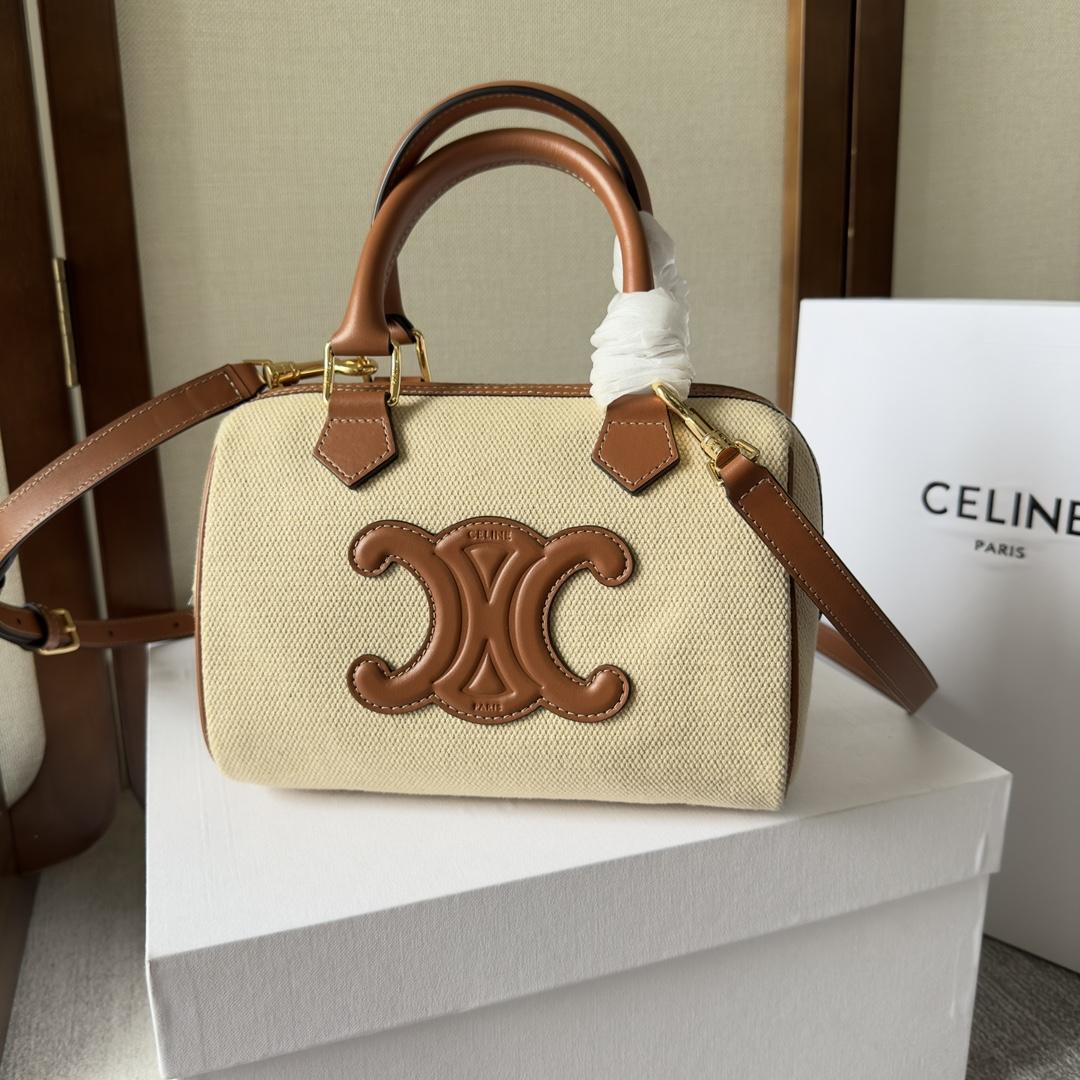 Celine Small Boston Cuir Triomphe In Textile And Calfskin Natural/Tan - everydesigner