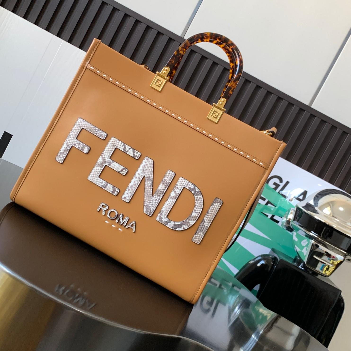 Fendi Sunshine Medium Light Brown Leather And Elaphe Shopper Bag - everydesigner