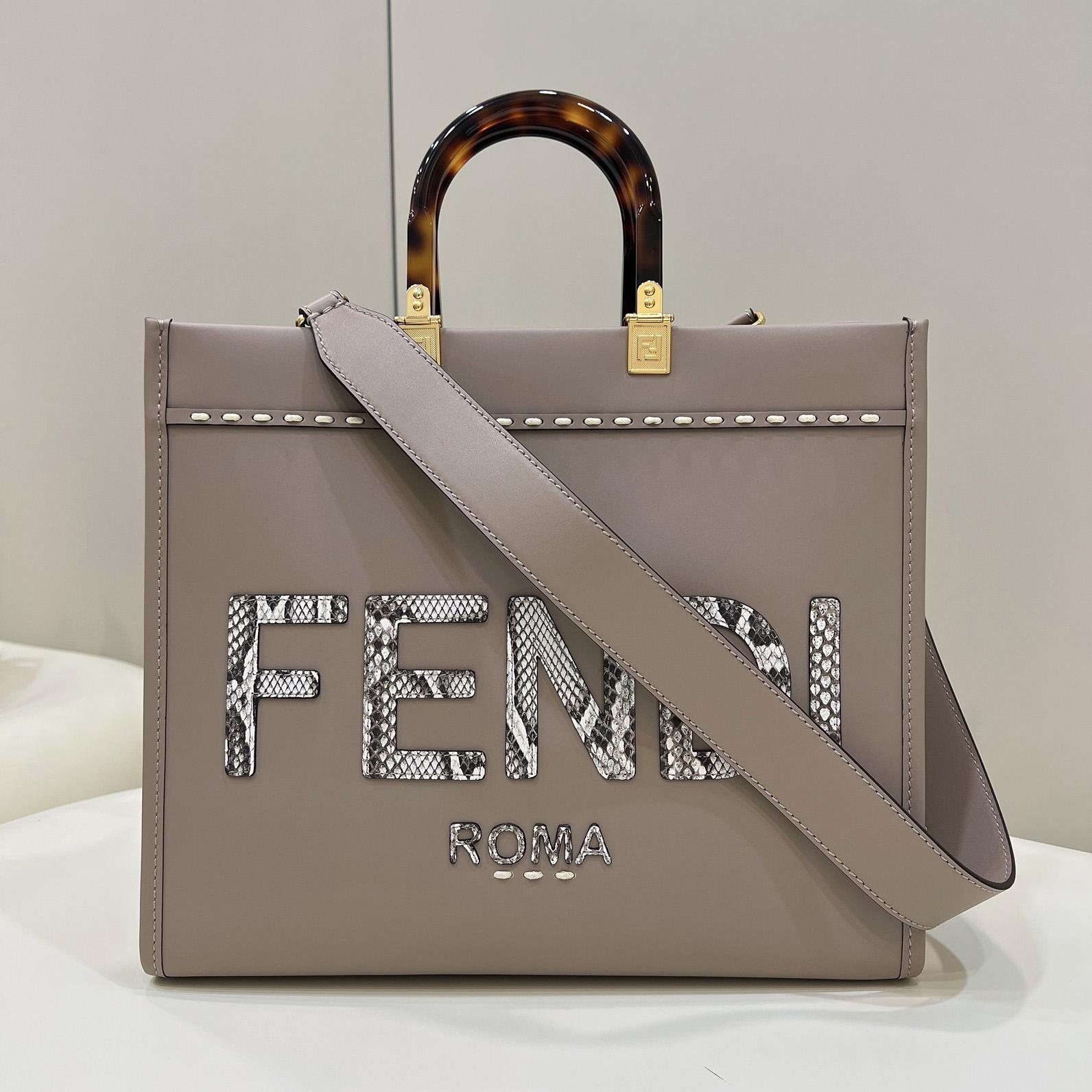 Fendi Sunshine Medium Beige Leather And Elaphe Shopper - everydesigner