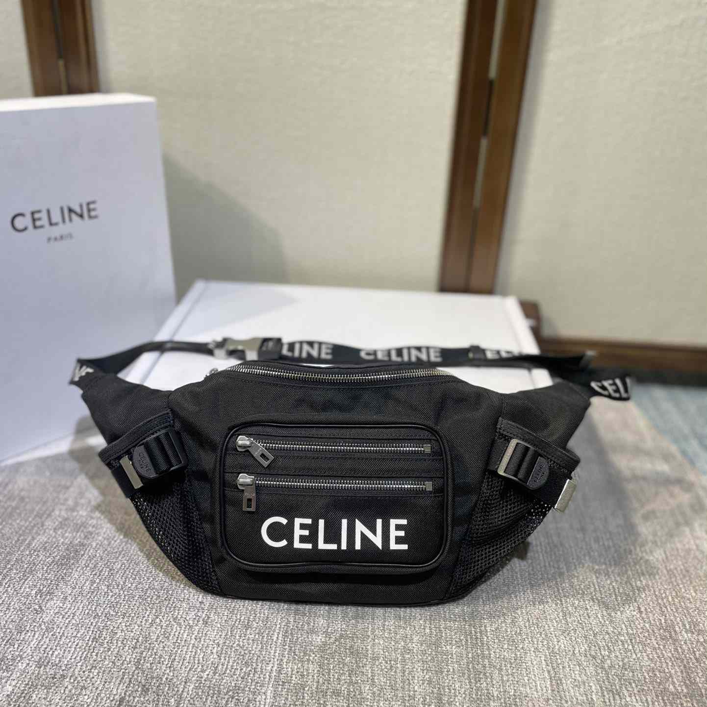 Celine Large Zipped Belt Bag Trekking In Nylon With Celine Print Black - everydesigner