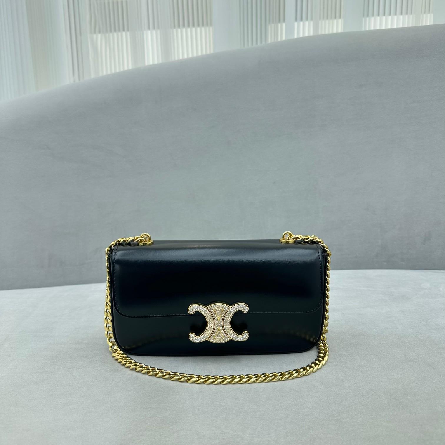 Celine Chain Shoulder Bag Triomphe With Strass Closure In Shiny Calfskin  - everydesigner