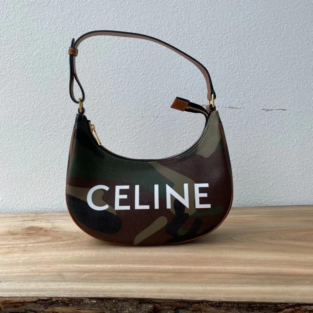 Celine Canvas Calfskin Camouflage Ava Logo Triomphe Shoulder Bag Khaki (24.5-18-7.5cm) - everydesigner