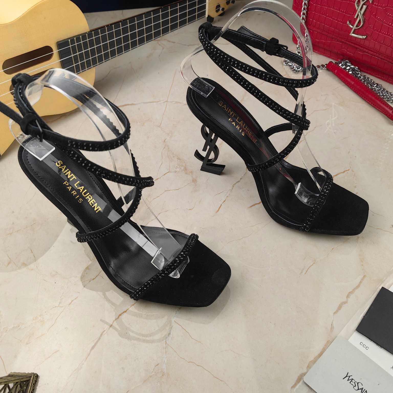 Saint Laurent Opyum Sandals In Crepe Satin And Rhinestones  - everydesigner