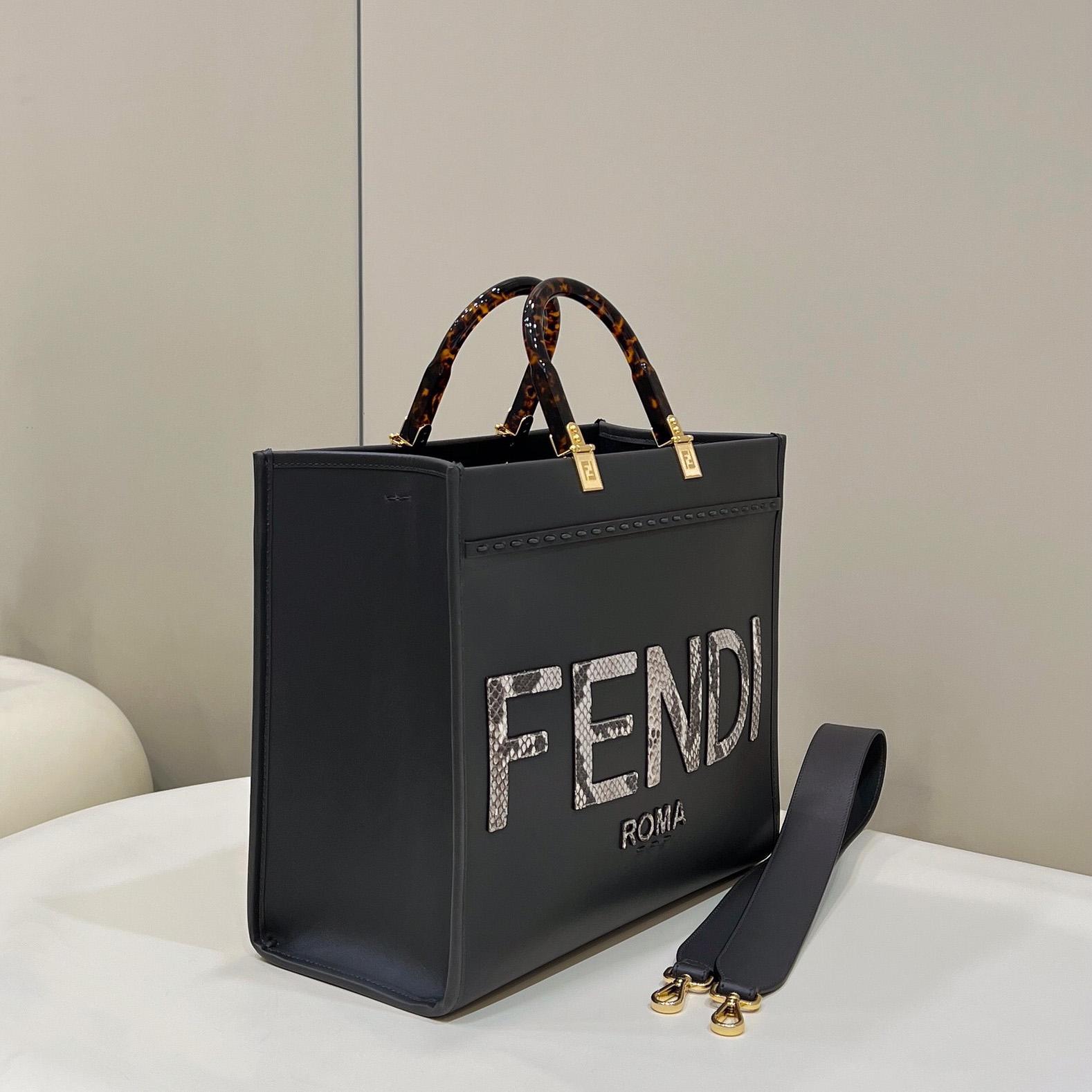 Fendi Sunshine Medium Dark Gray Leather And Elaphe Shopper - everydesigner