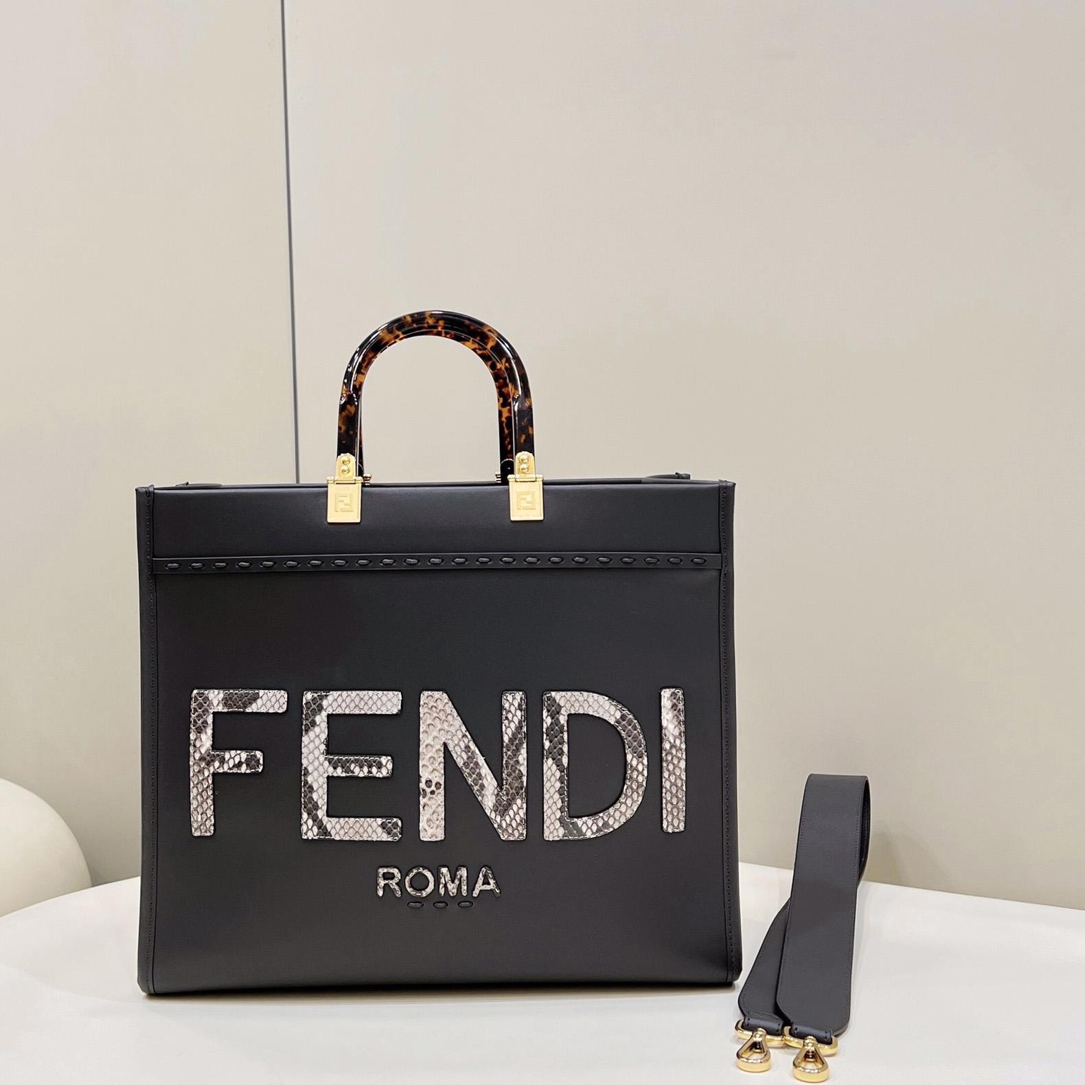 Fendi Sunshine Medium Dark Gray Leather And Elaphe Shopper - everydesigner