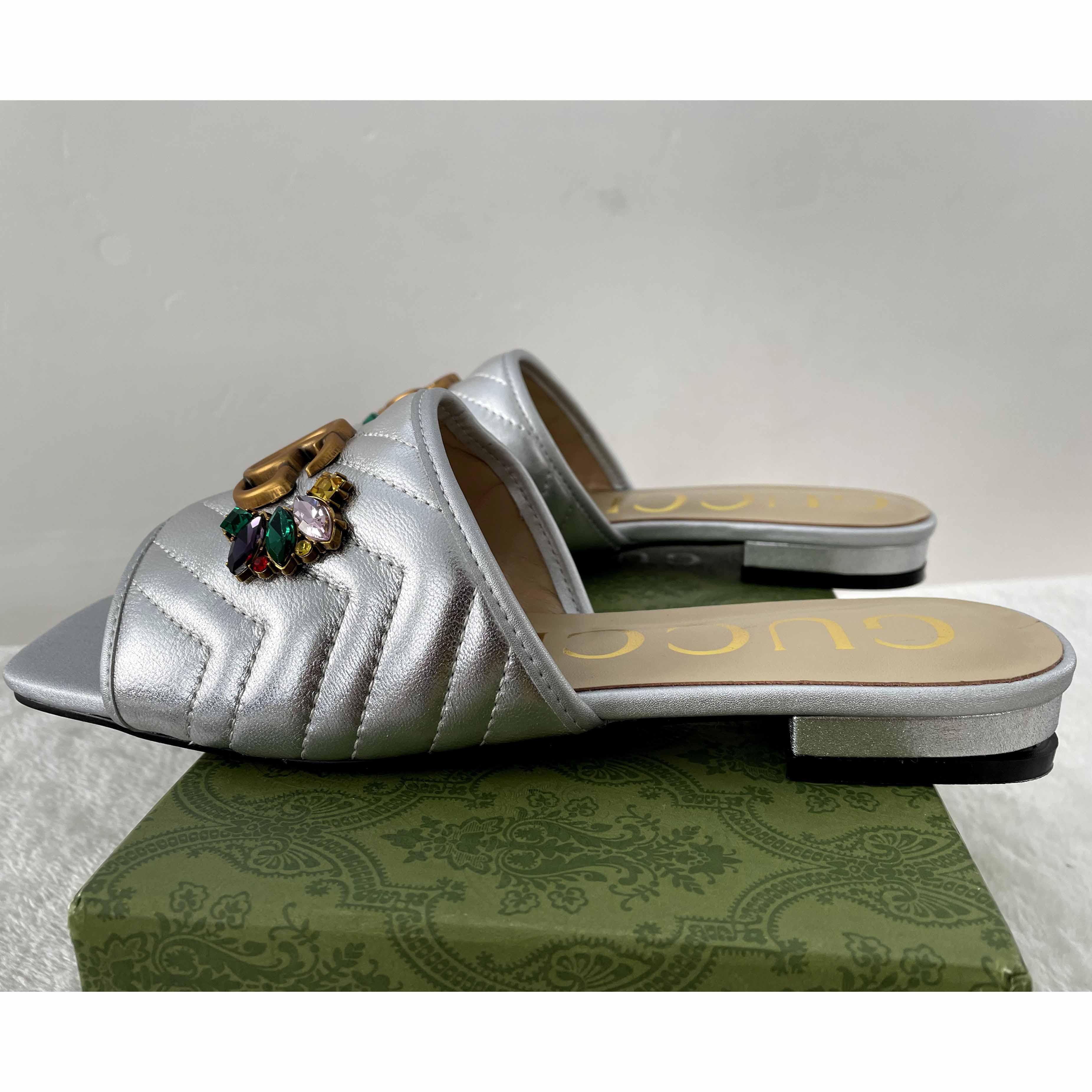 Gucci Women's Crystal Embellished Leather Slide Sandals - everydesigner