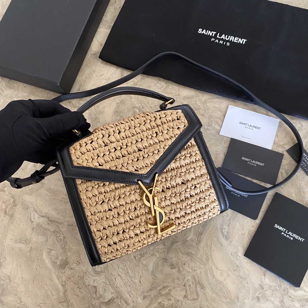 Saint Laurent Cassandra Mini Top Handle Bag In Raffia And Vegetable-Tanned Leather - everydesigner